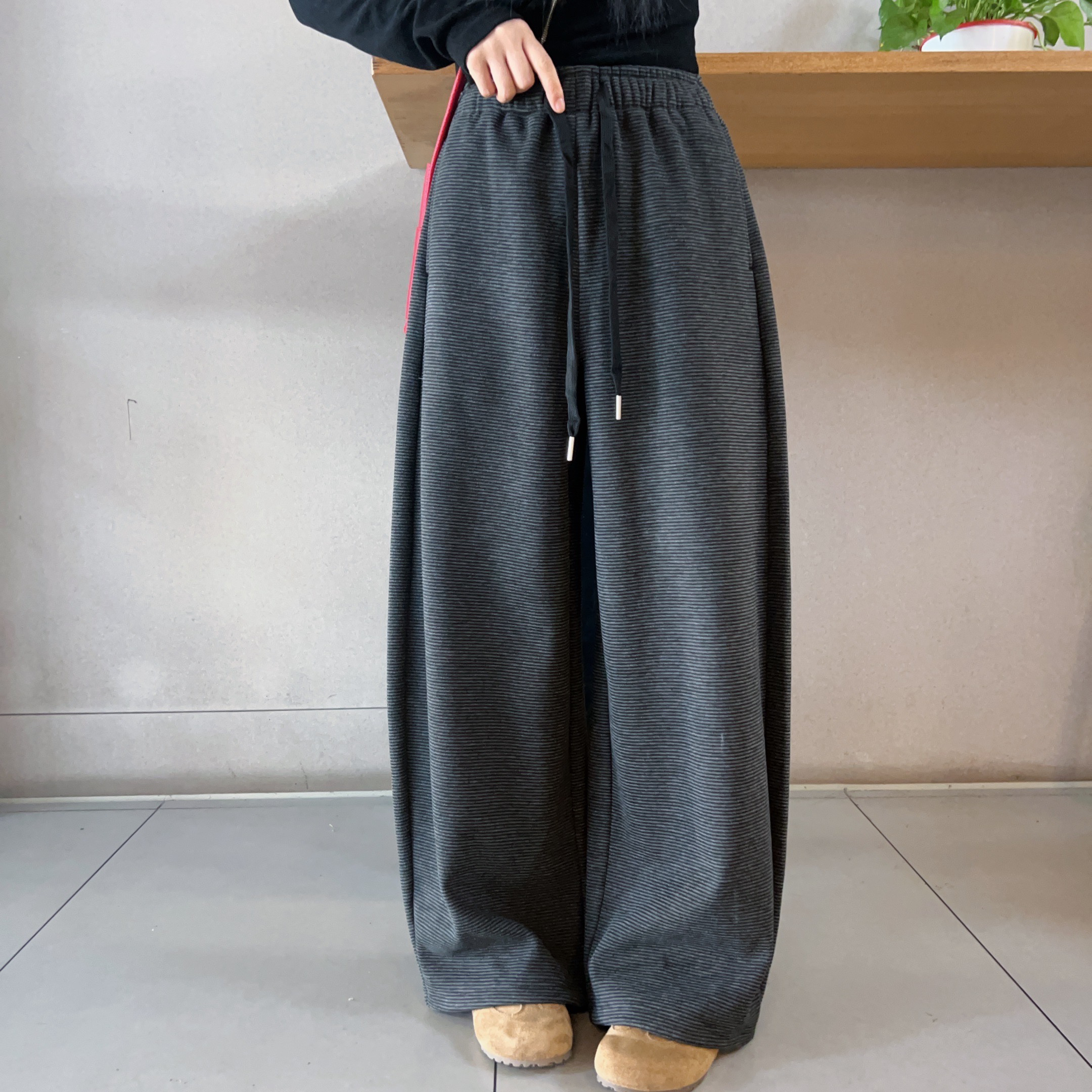 秋冬加绒高腰宽松显瘦毛呢弯刀阔腿长裤3037