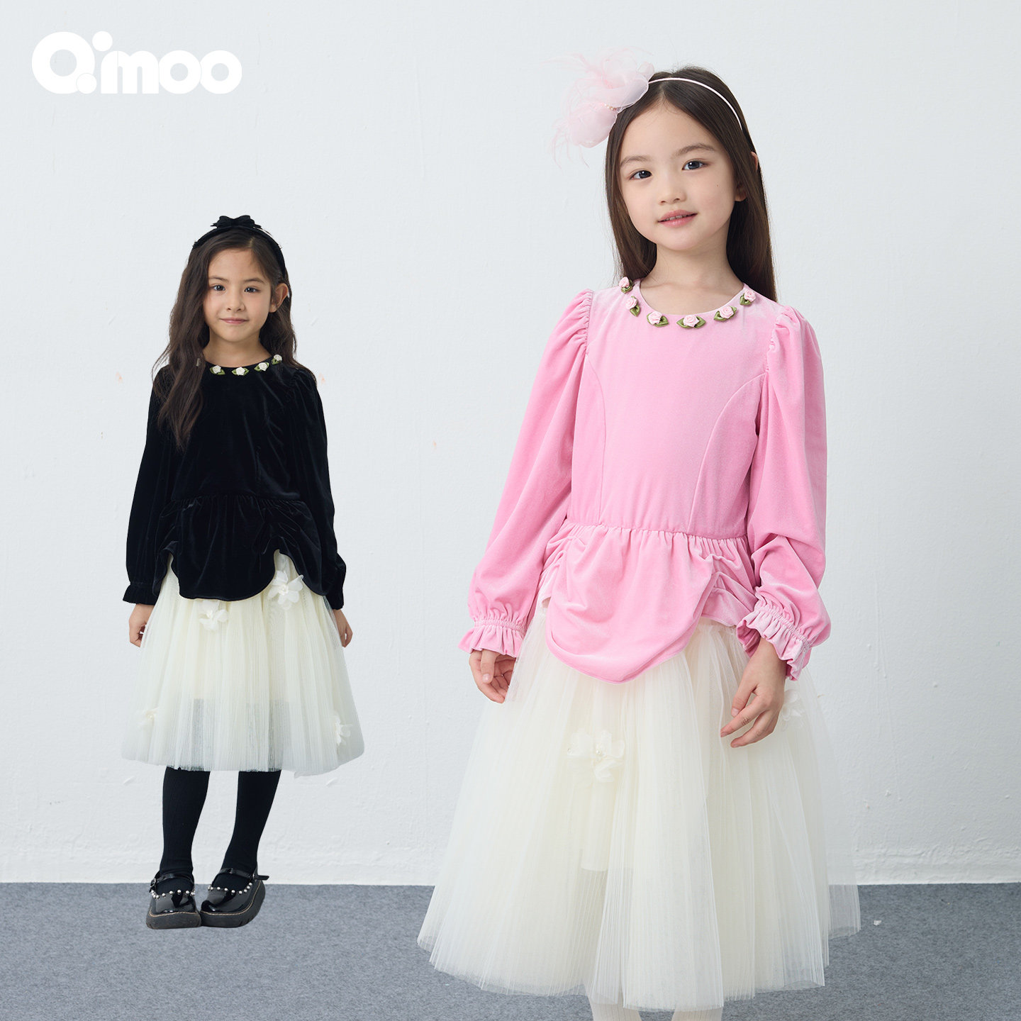 Qimoo/淇木25冬季女童花朵拼色丝绒洋气长袖纱裙连衣裙QSS4247B