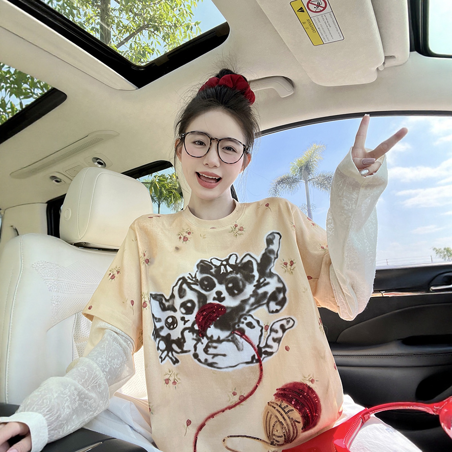 【FD拼接蕾丝T】25早秋日落橙蕾丝袖假两件长袖女设计感猫咪线团