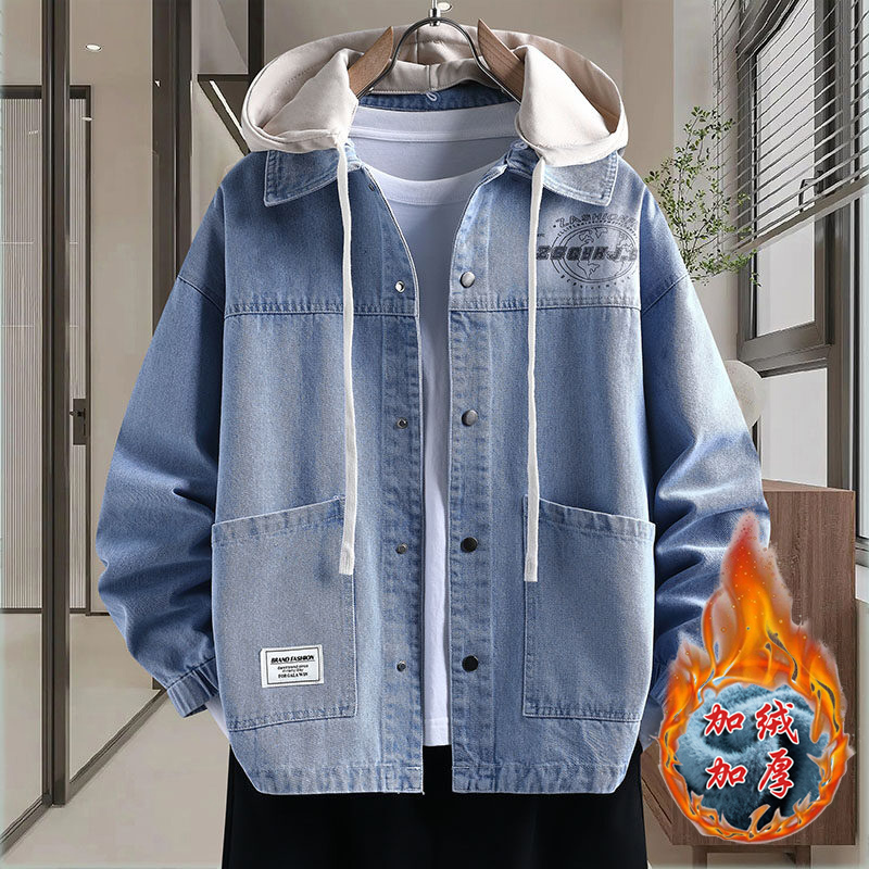 秋冬季青少年学生加绒加厚可脱卸帽水洗牛仔外套潮流帅气休闲夹克
