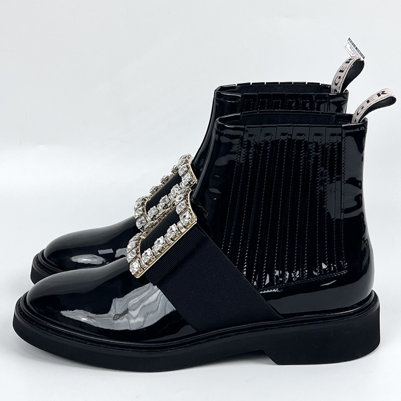 99新 Roger Vivier/罗杰·维威耶 37.5码 黑色漆皮钻扣靴子lm4090
