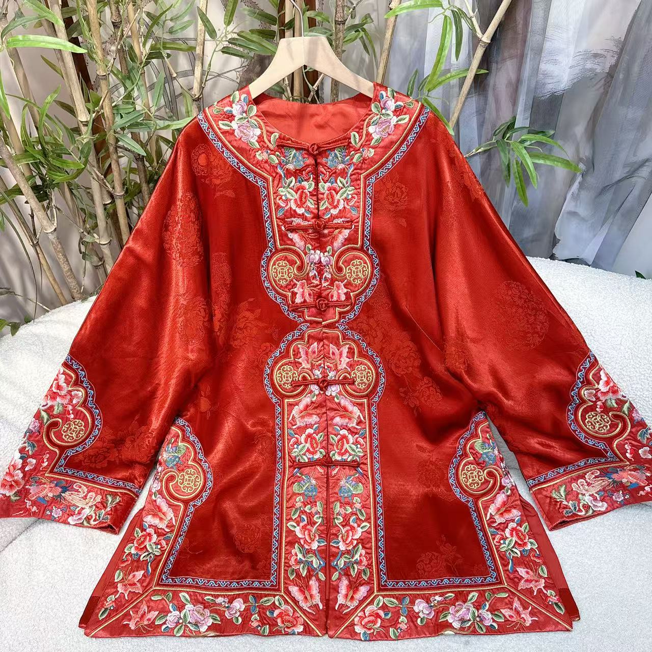 新中式国风手工盘扣重工刺绣开衫中长款气质百搭外套上衣长袖9113