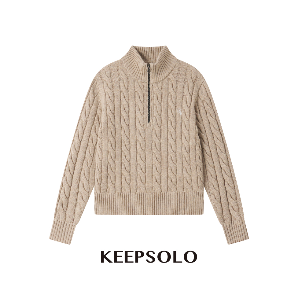 KeepSolo(衣橱基石)麦穗刺绣半拉链羊毛绞花秋冬毛衣打底针织