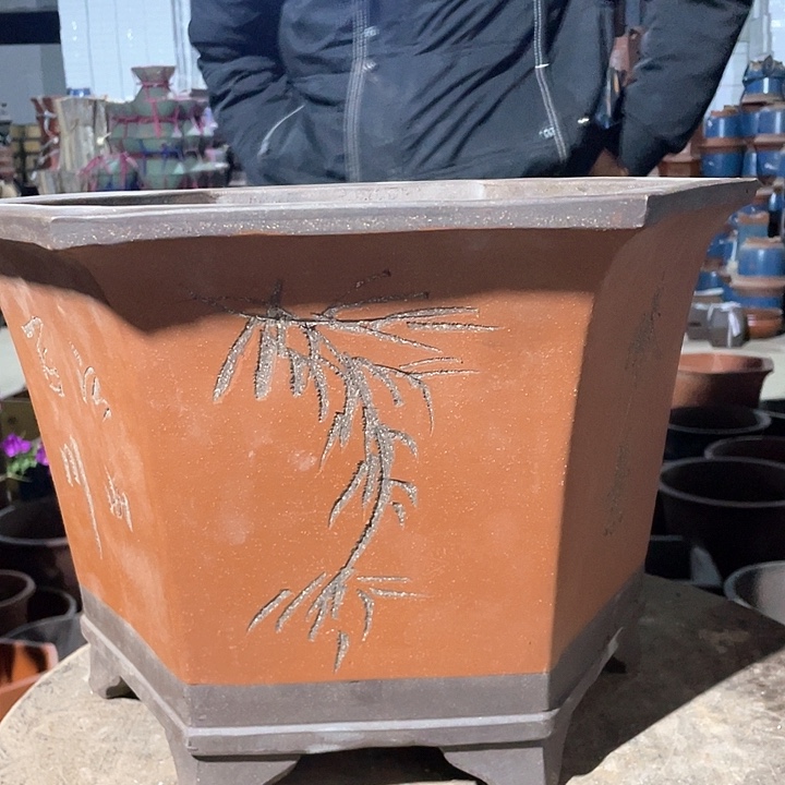 紫砂40红色六方花盆