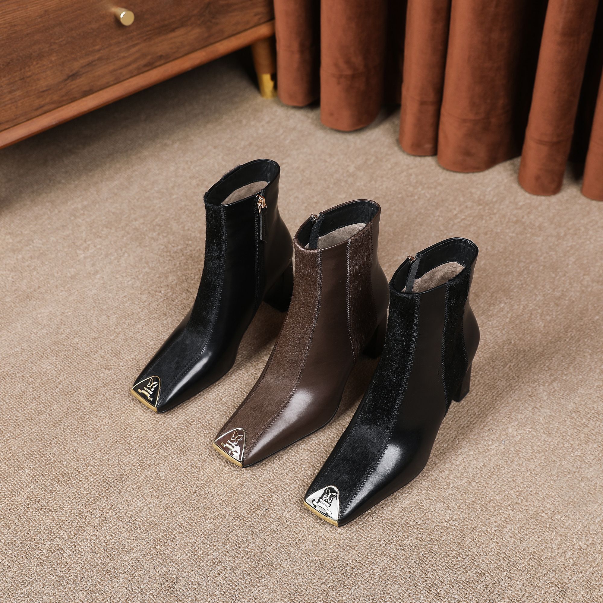 6.5中跟粗跟冬季瘦瘦靴时尚黑色女鞋时装靴尖头细跟短靴X102