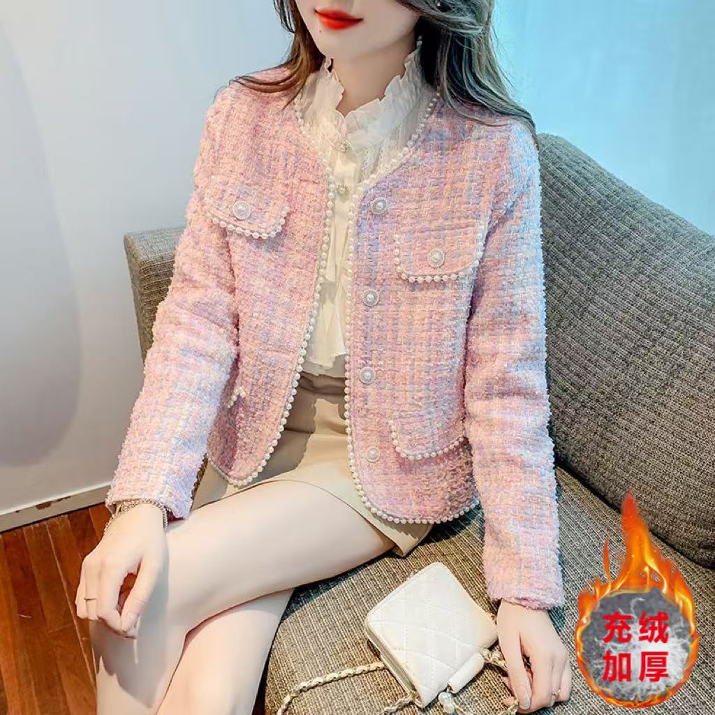 【当天发+运费险】高级小香风充绒内胆气质钉珠款粗花呢外套Q238
