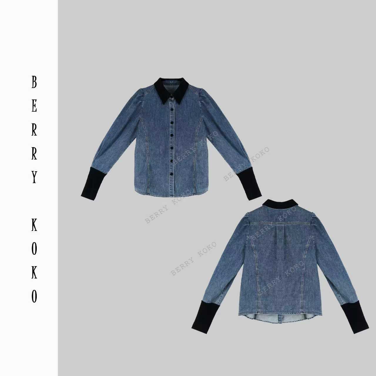 秋冬复古洗水内里“磨毛”拼接丝绒显瘦牛仔衬衫T80