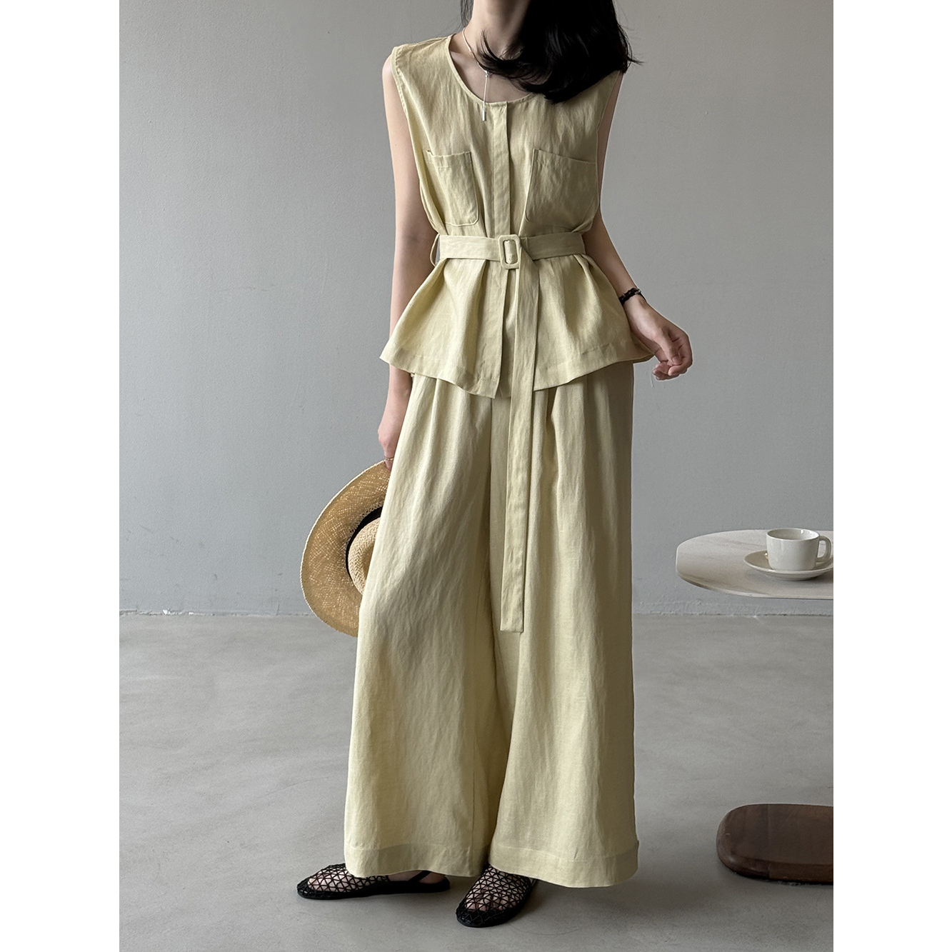 天丝亚麻气质小众无袖套装女夏季休闲背心+松紧腰阔腿裤两件套