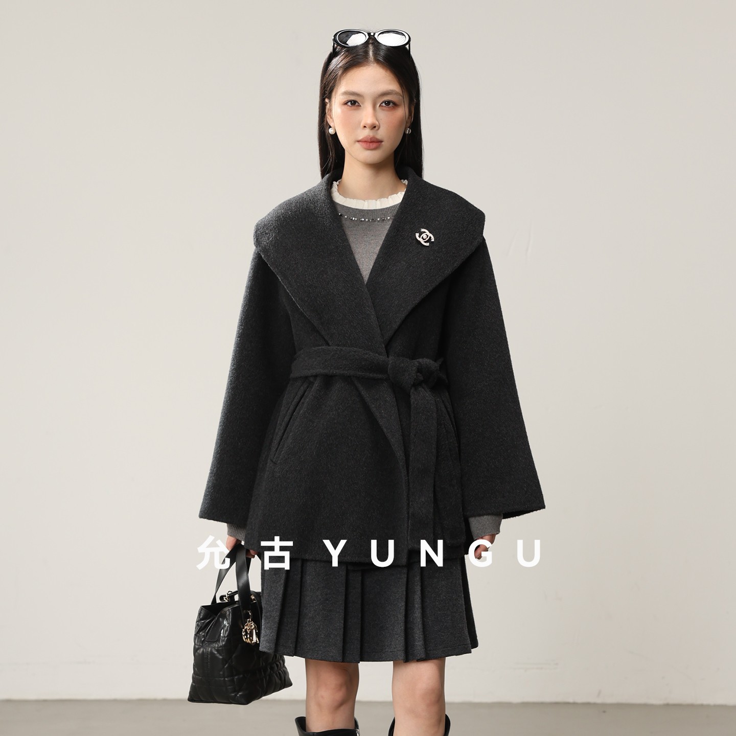 YUNGU允古【温妮大衣】2025冬高端山羊绒·绵羊毛双面呢大衣系带外套