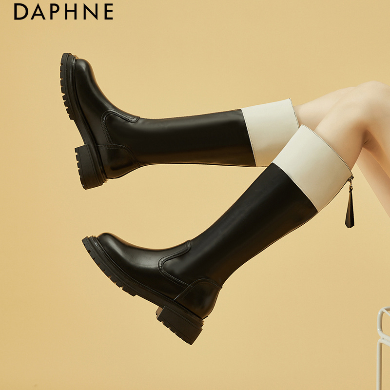 Daphne/达芙妮时尚拼接瘦瘦靴女粗跟厚底长靴不过膝骑士靴马丁靴