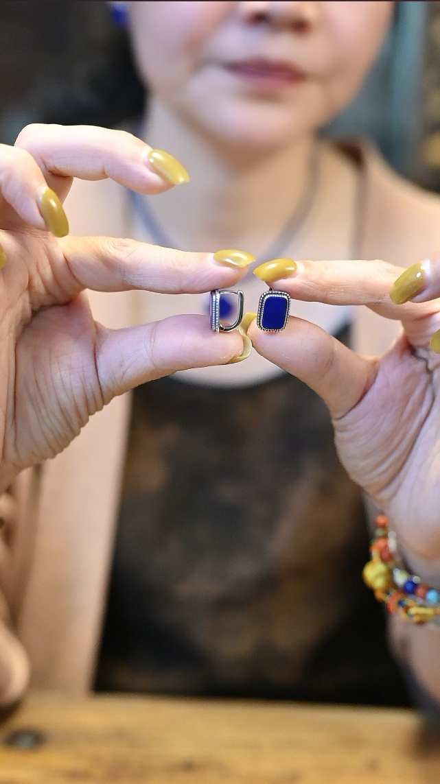 925银珐琅耳饰 茶-蓝青色长方耳扣