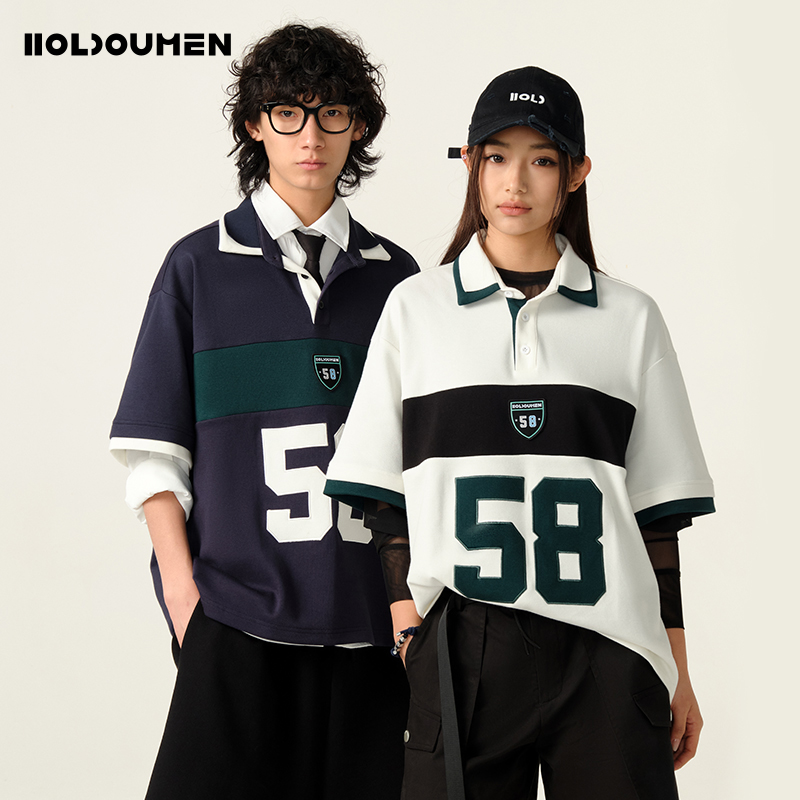 Holdoumen25夏季日常系列撞色拼接字母POLO衫