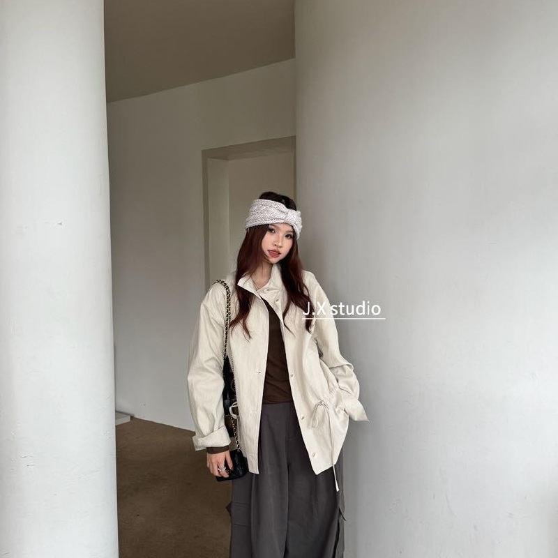JX（25697#）韩系气质简约排扣抽绳风衣外套kc