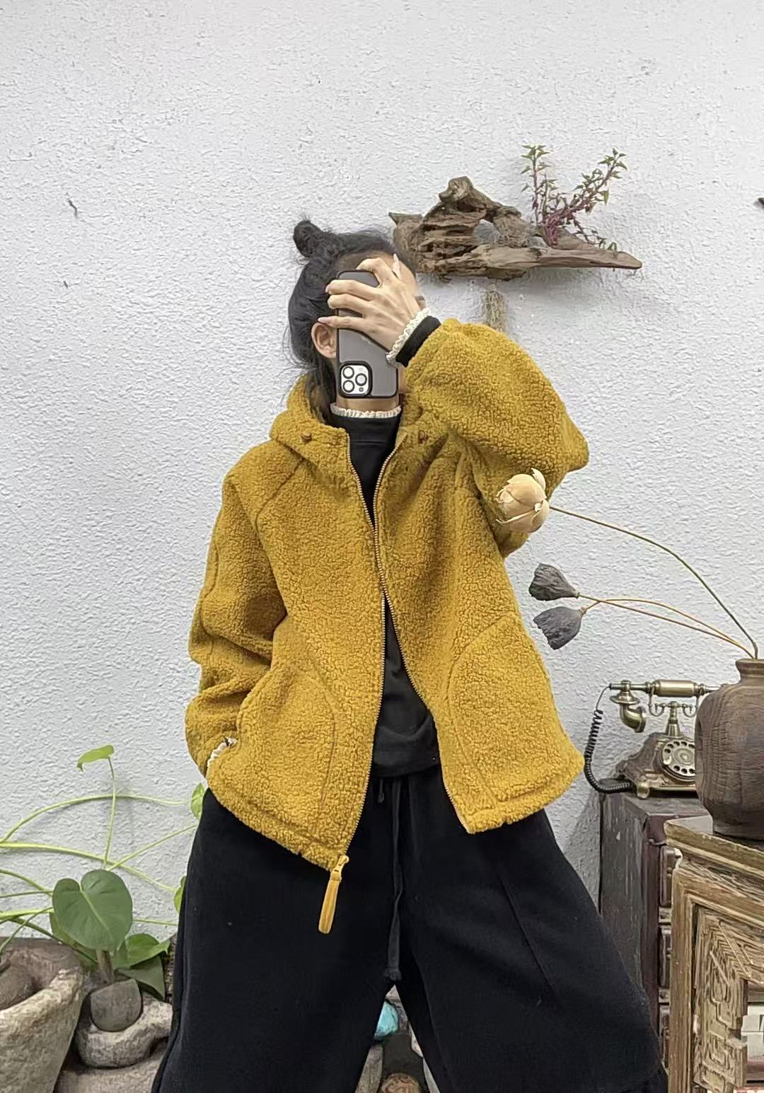 2662帽衫加厚毛毛斜插口袋开衫外套上衣（长65胸围142