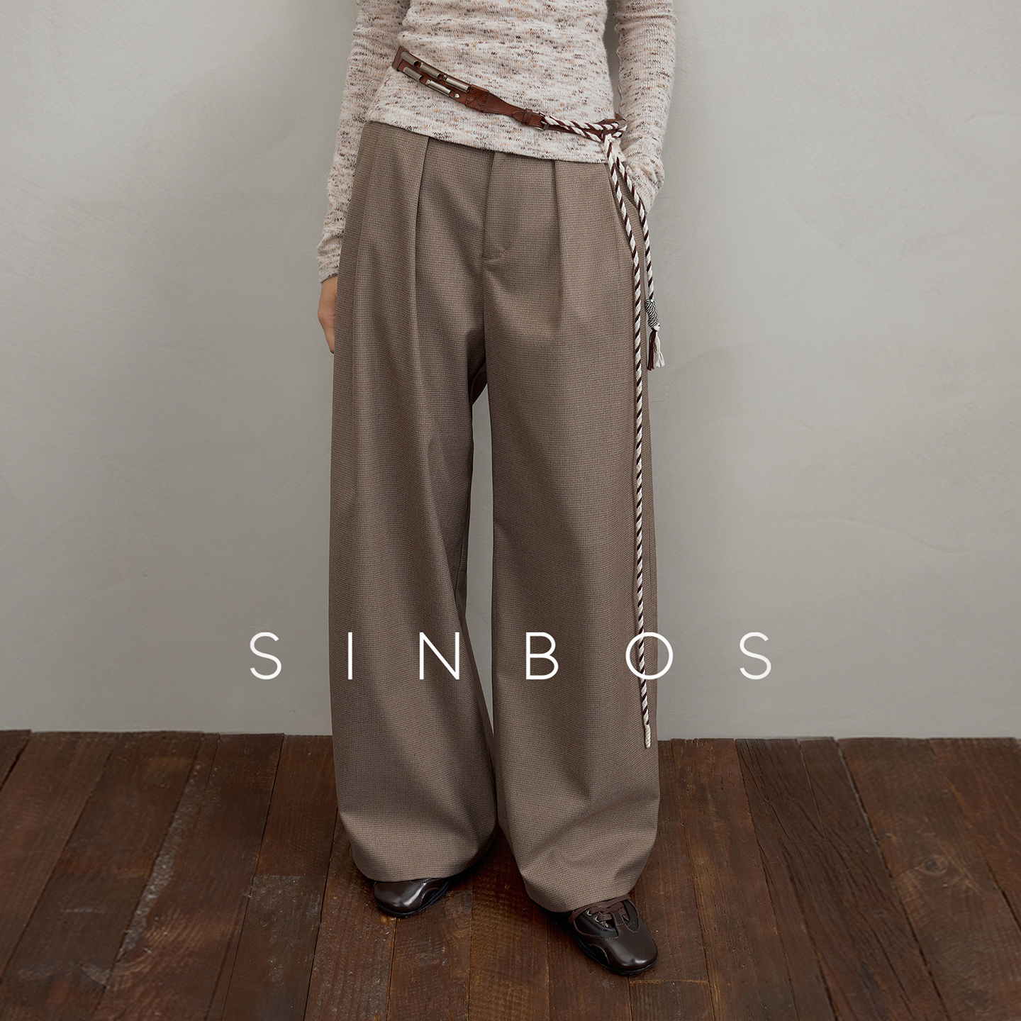 SINBOS苔间行 腰头双打褶显瘦女士格纹阔腿休闲长裤2025秋季新款