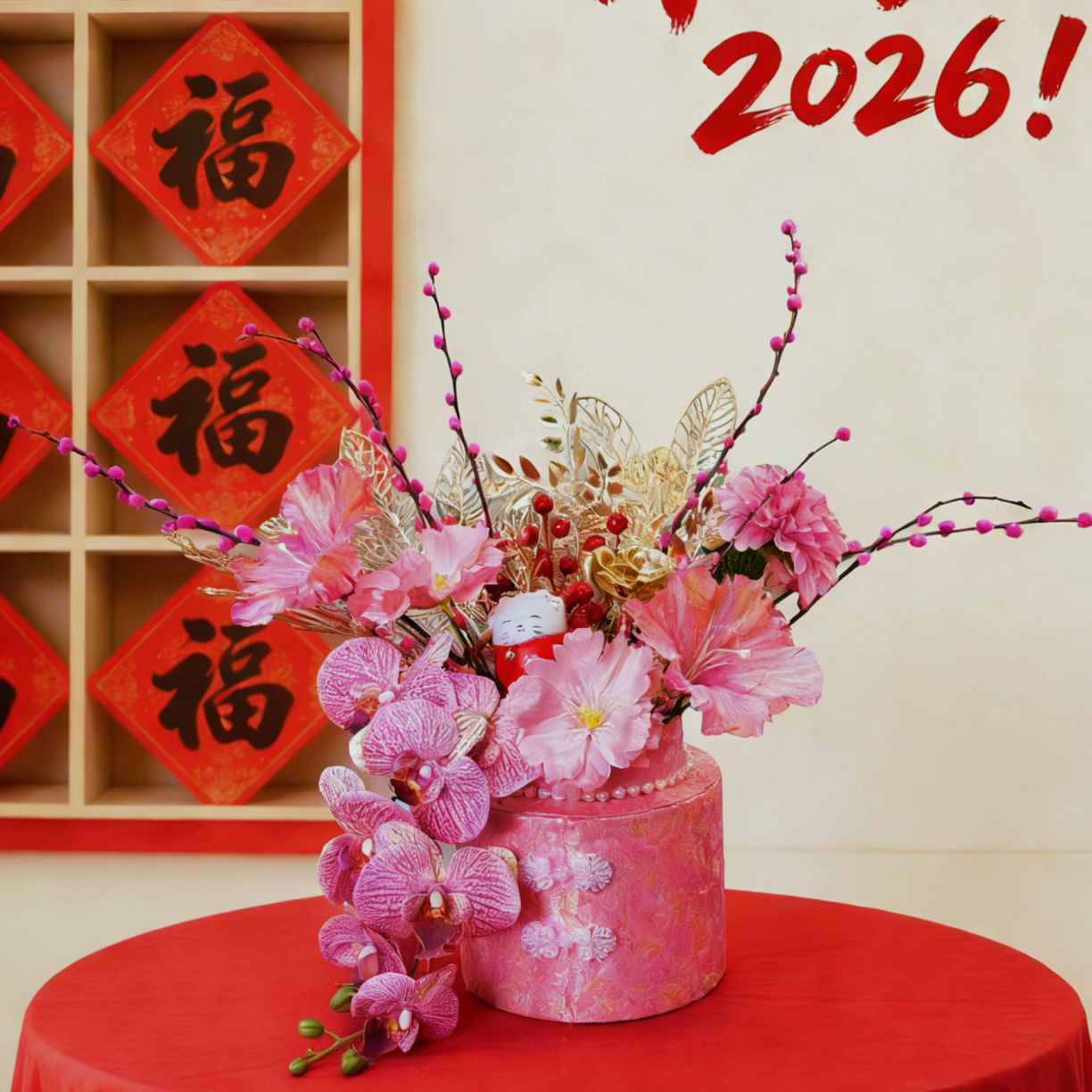 新款年宵花仿真花福桶抱抱桶过年装饰刺绣diy手工花艺摆件