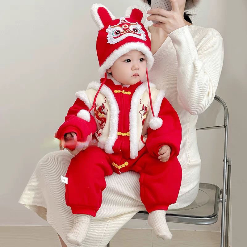 【灿宝家】国风双龙刺绣婴儿冬季满月连体男女宝宝周岁加厚拜年服