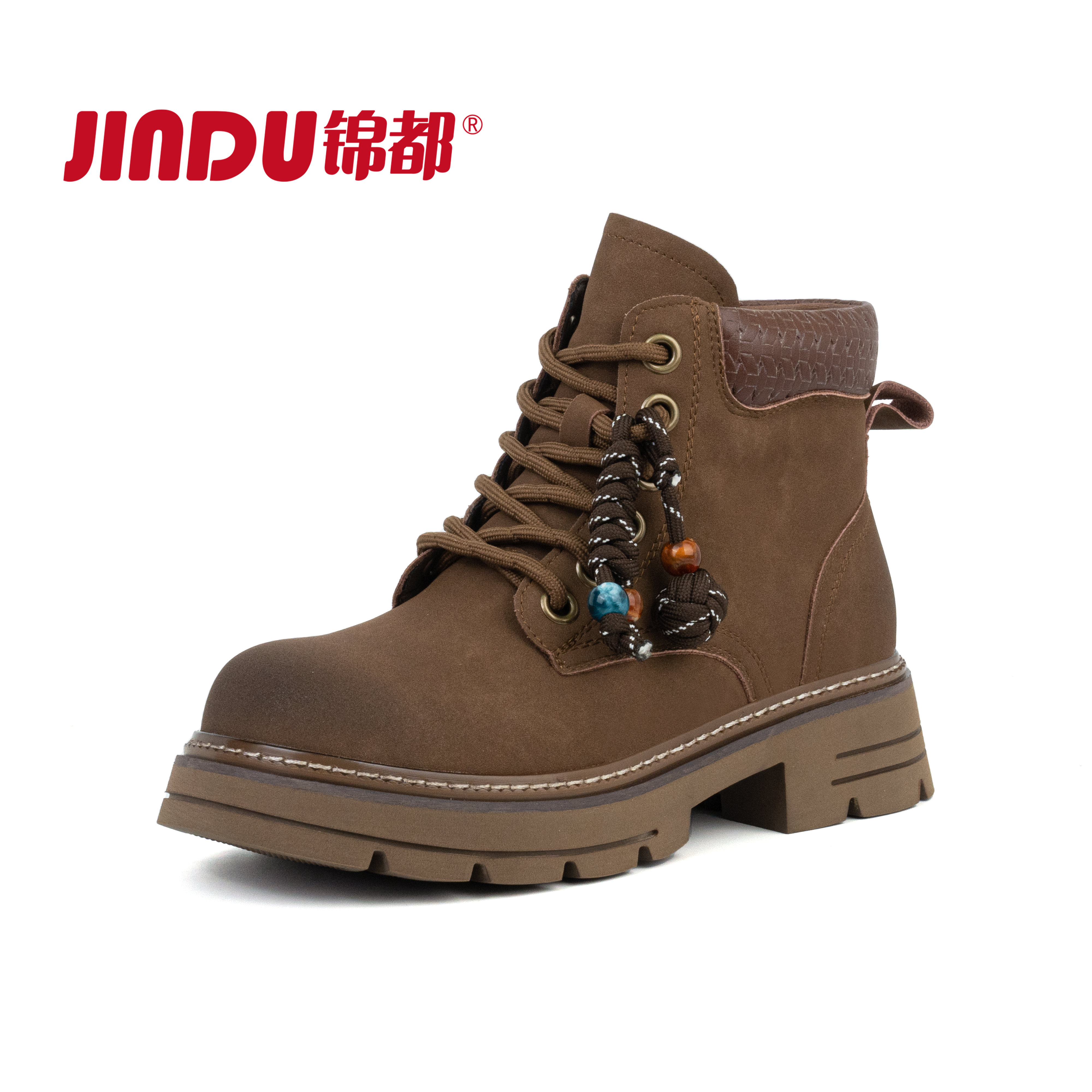 JINDU/锦都短筒拼色冬季中跟女覆膜皮马丁靴秋冬学院风秋季系带