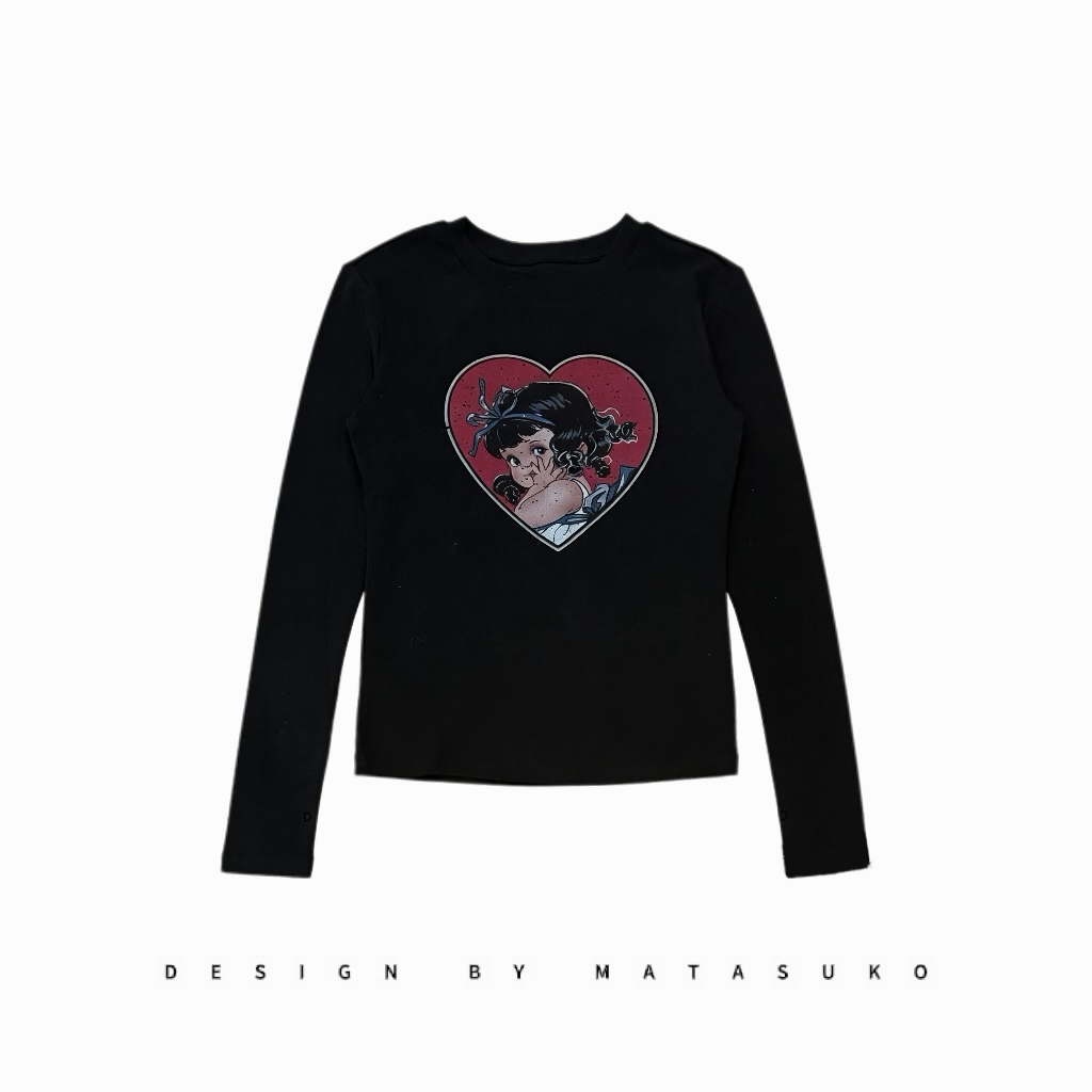MATASUKO 爱心girl 水洗&轻磨毛 设计师款圆领高弹力T恤打底衫