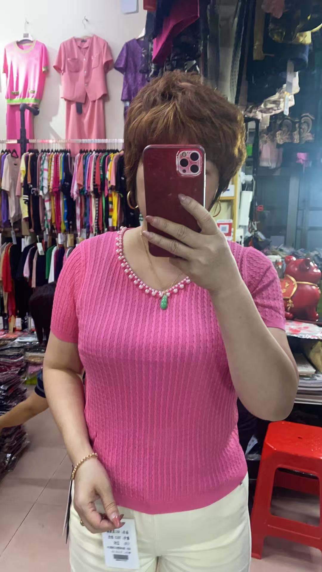 【成田细娜服装】夏季新款！v领珍珠短袖