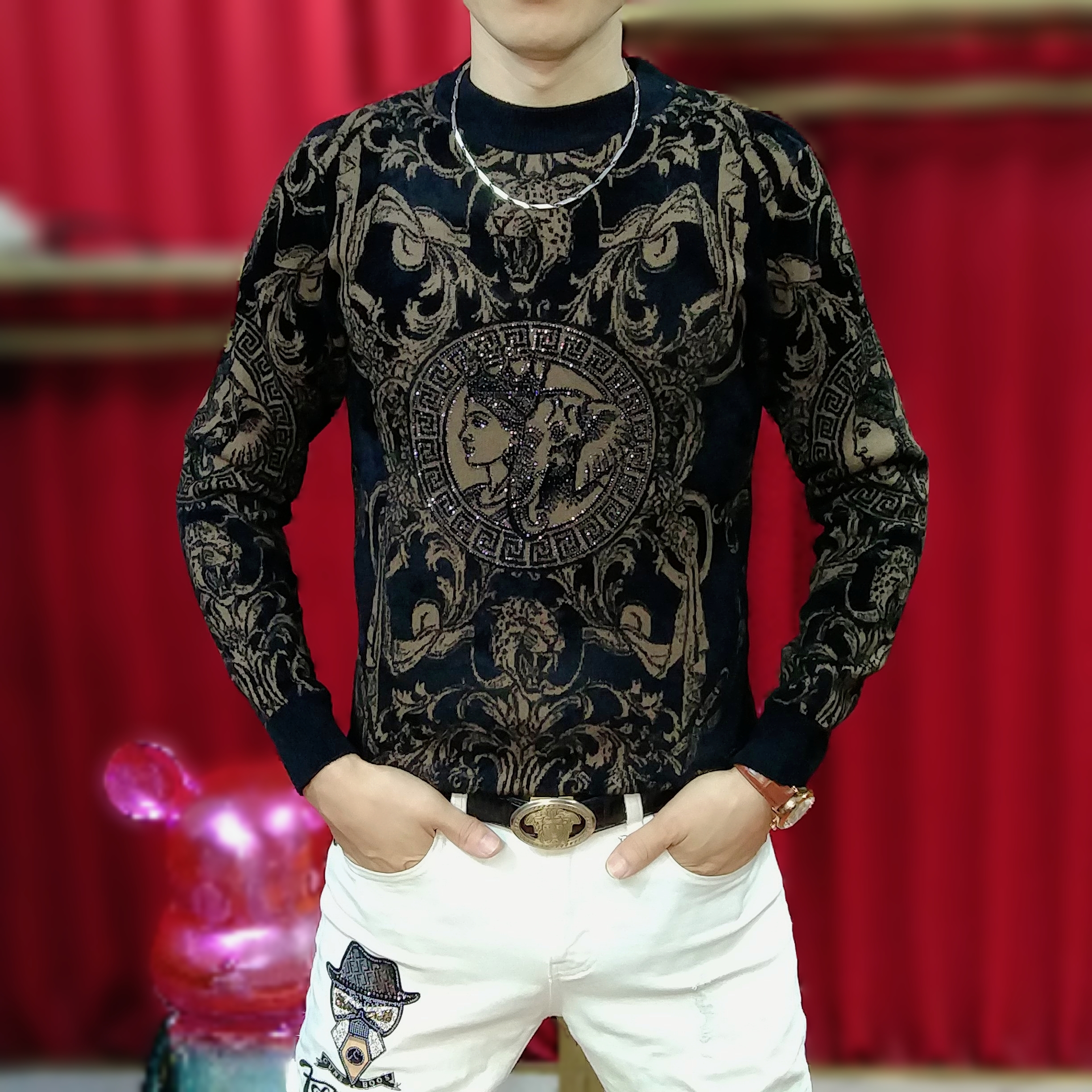 秋冬新款男士提花修身圆领烫钻套头加厚保暖毛衣打底针织衫6673