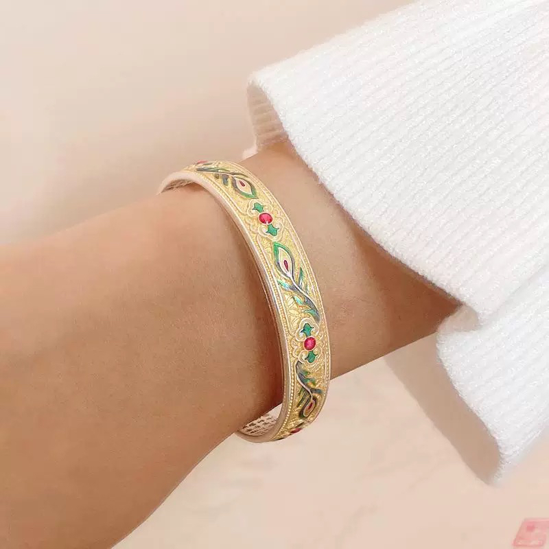 足银手镯 999.9【40】29g珐琅彩手镯新中式国风描金羽毛心经