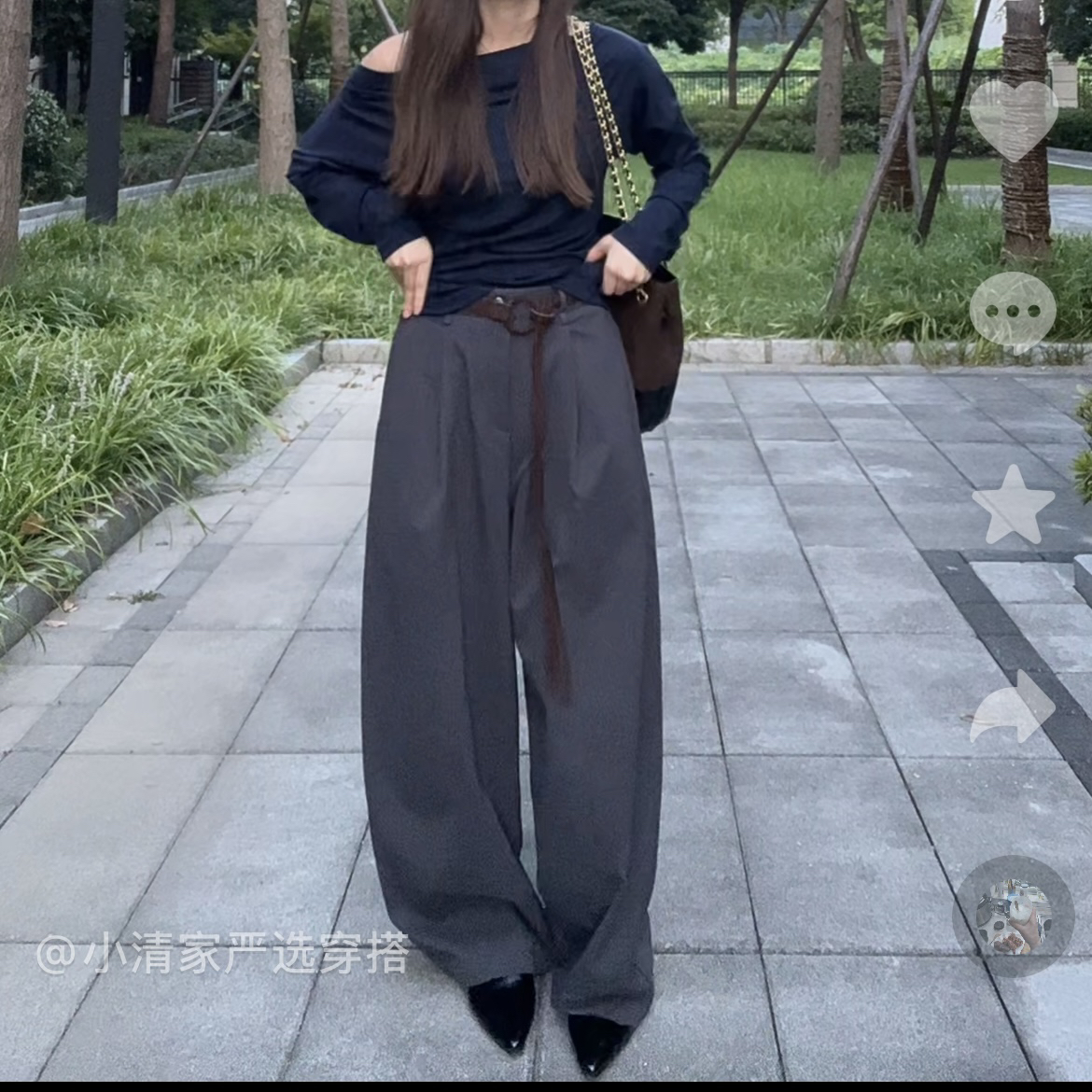 （小清家）韩系休闲简约宽松显瘦阔腿直筒裤配腰带