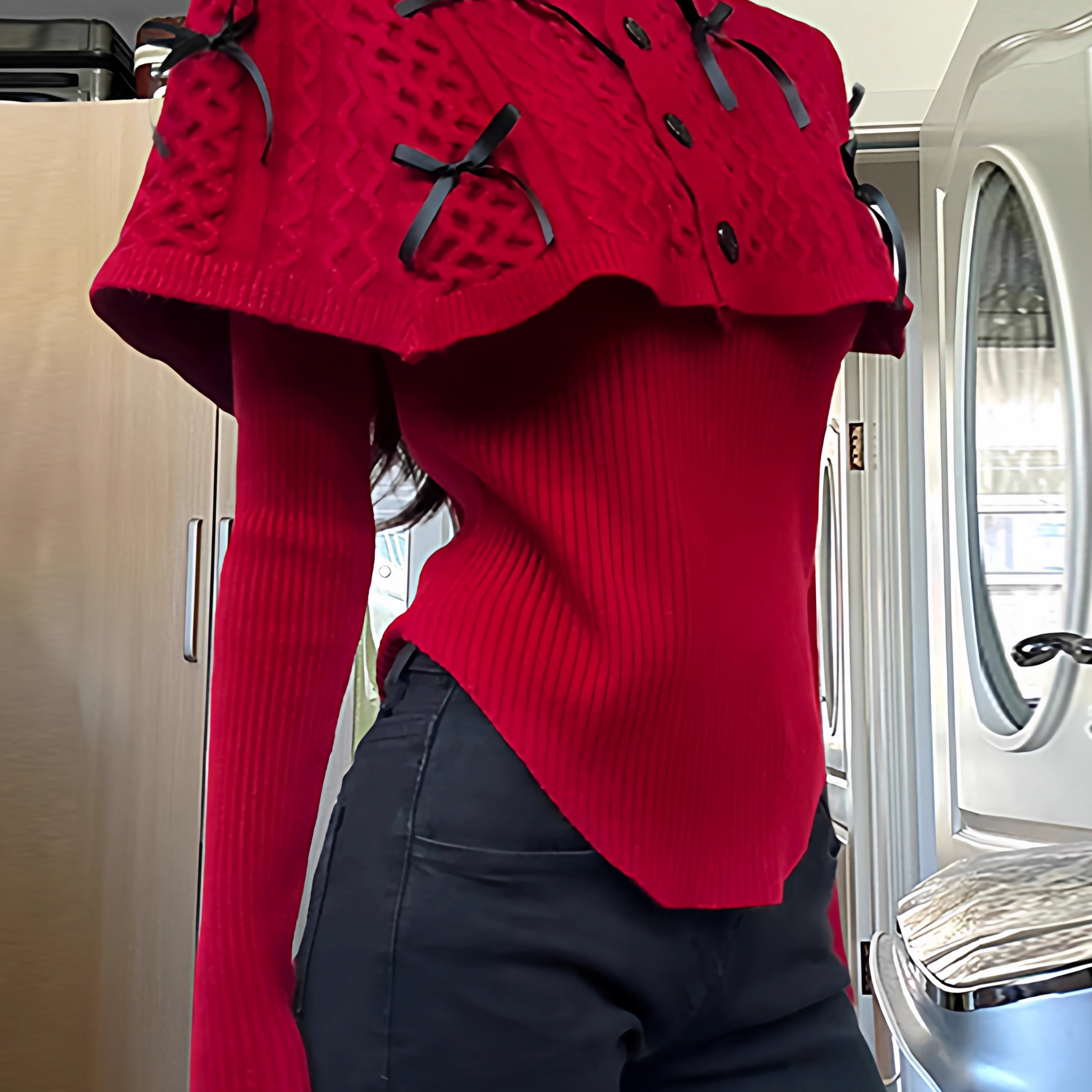 韩系千金穿搭红色斗篷披肩毛衣女秋冬季高级感针织衫上衣两件套装