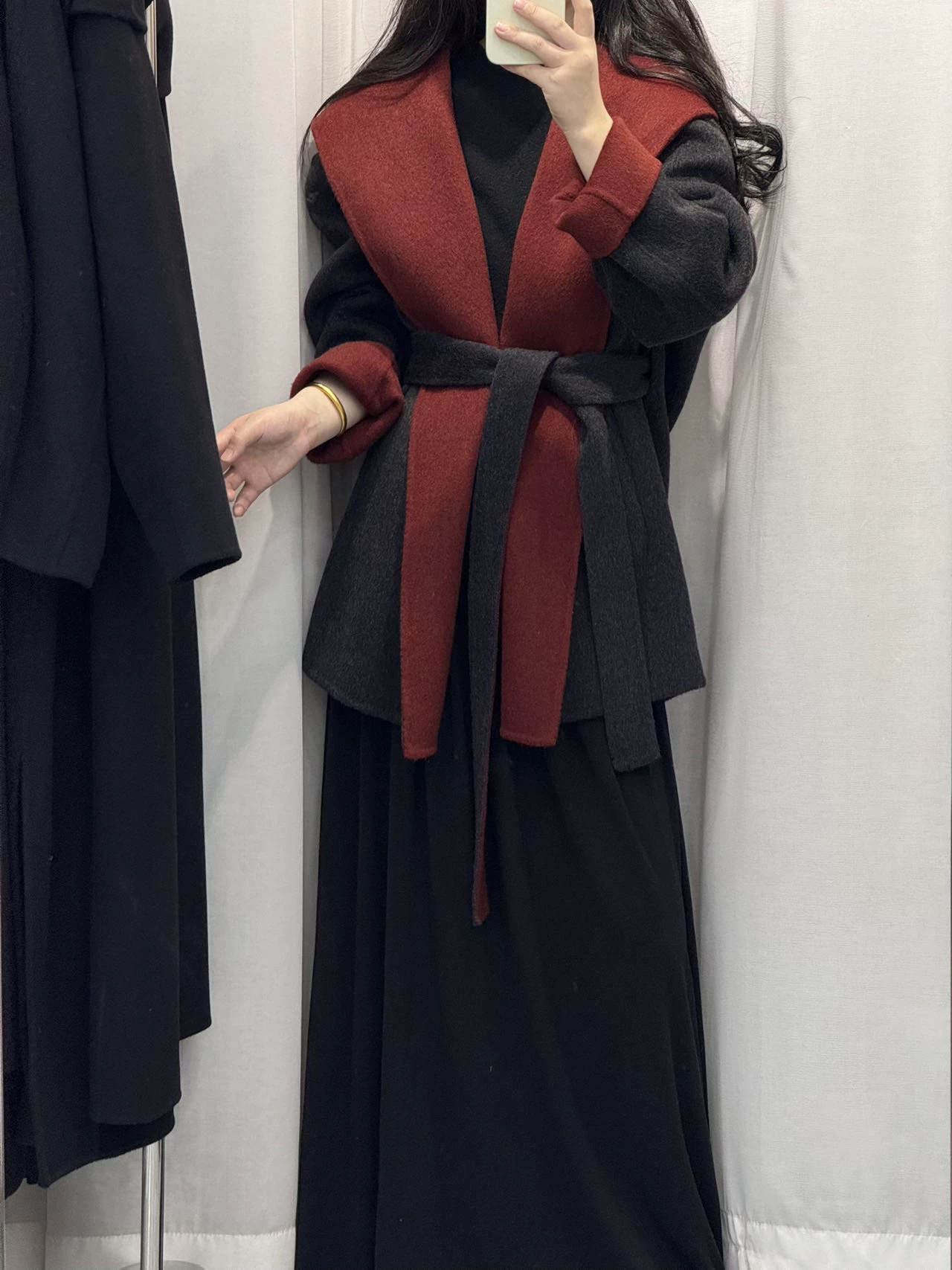 2025显瘦欧洲站高品质撞色浴袍双面羊毛大衣女毛呢外套双面呢