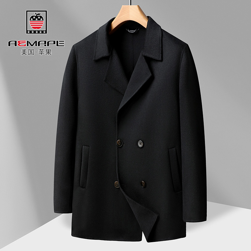美国苹果羊毛双面呢大衣男中长款毛呢外套秋冬商务双排扣呢子风衣