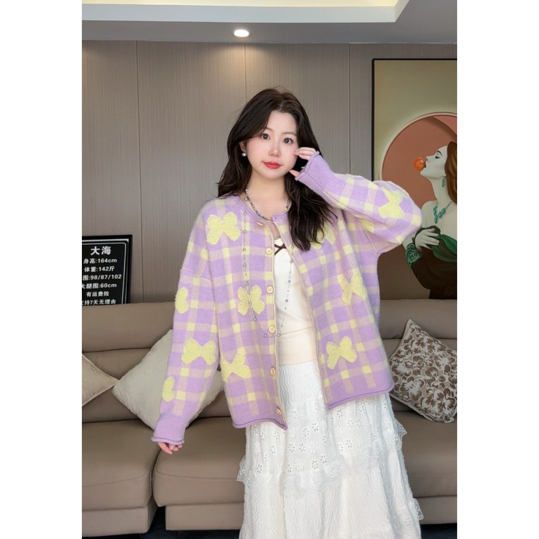 2025春秋季女韩系减龄甜美多巴胺立体刺绣蝴蝶结宽松毛衣开衫901