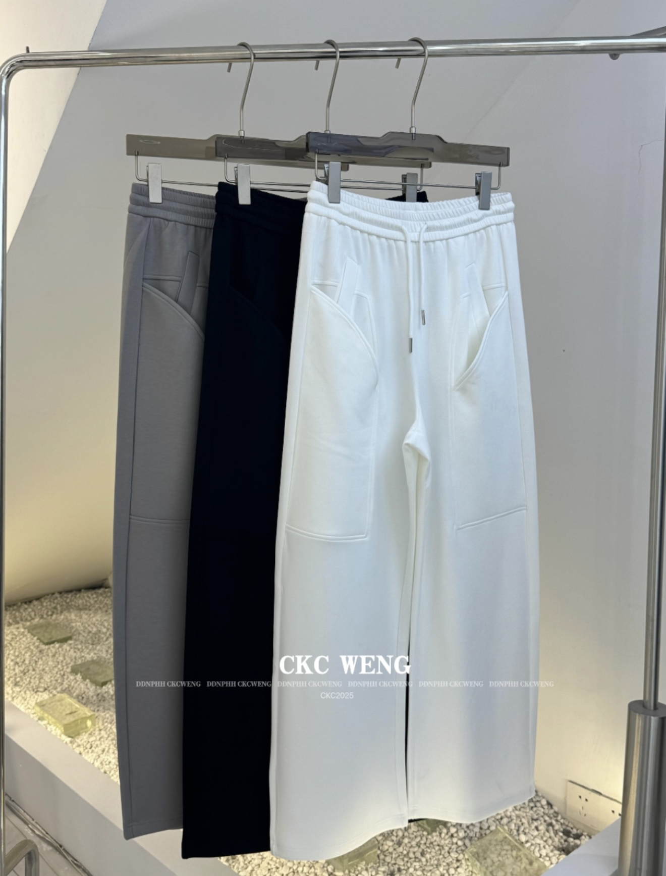 长裤夏季高腰直筒裤直筒卫裤宽松型口袋松紧带水洗纯色TZ6153-1