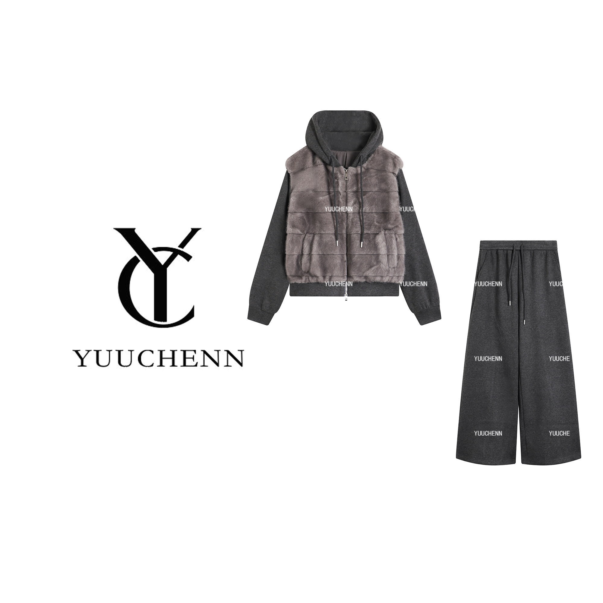 YUUCHENN“青春气息风”时尚套装女毛绒外套高腰休闲裤25C-W80289