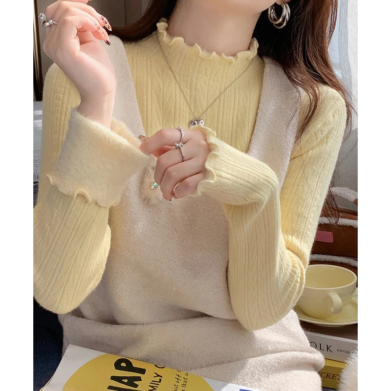 【9320】半高领内搭木耳边针织衫女秋冬季加绒磨毛长袖毛衣打底衫