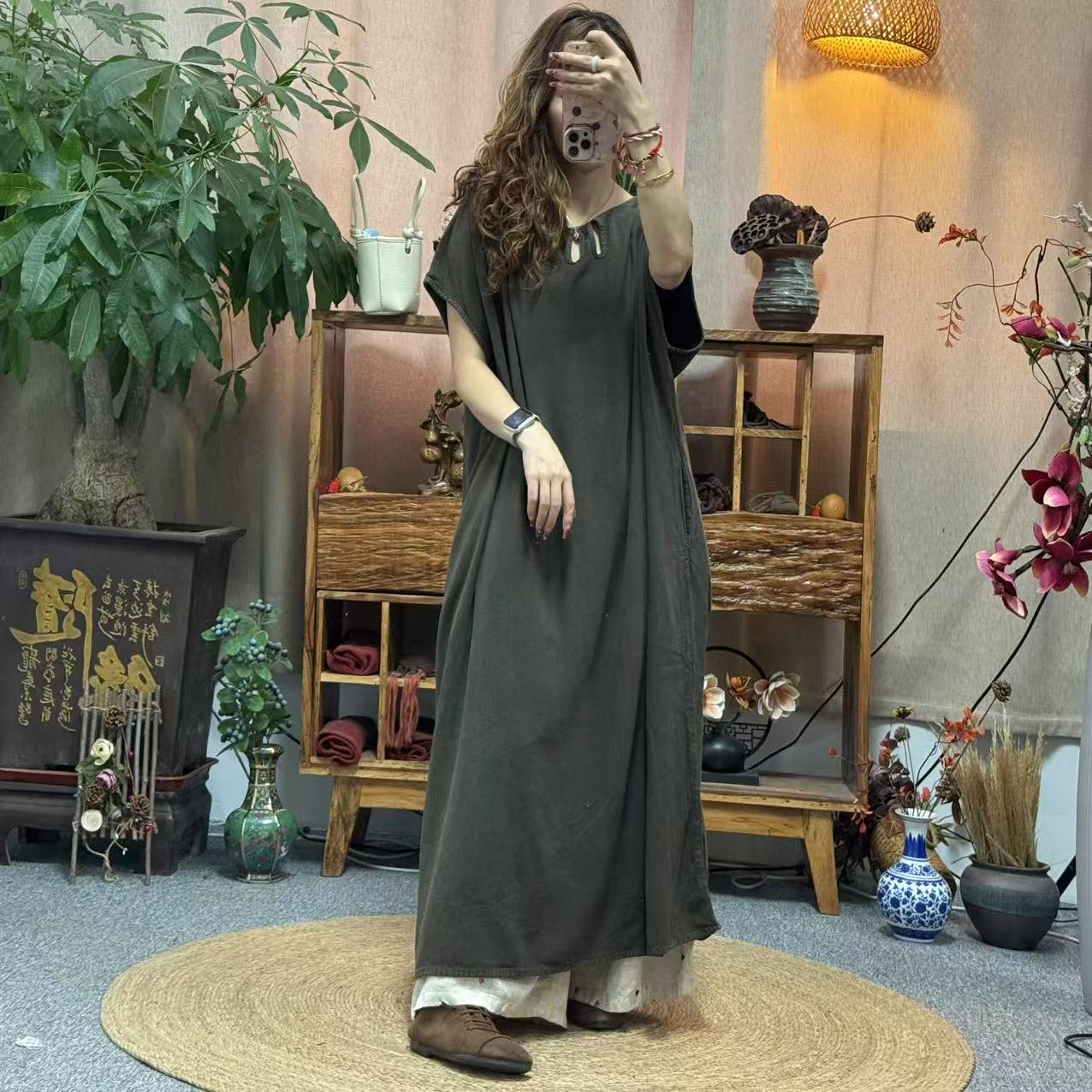 花璟与麻原创设计炒色做旧镂空领连衣袍裙（裙长120胸围132）