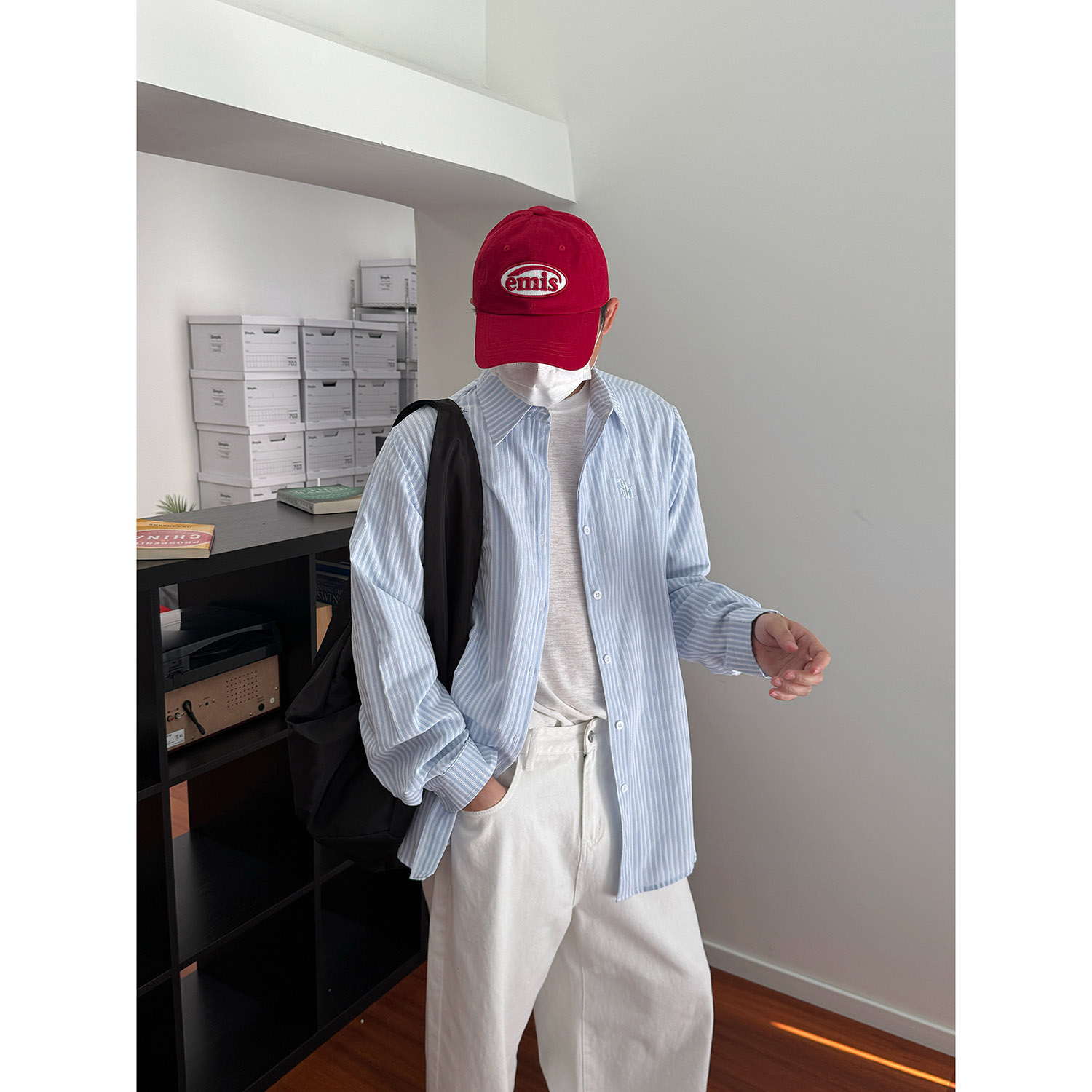19studio WAYNEPRINCE 美式简约风刺绣条纹衬衫宽松百搭情侣上衣