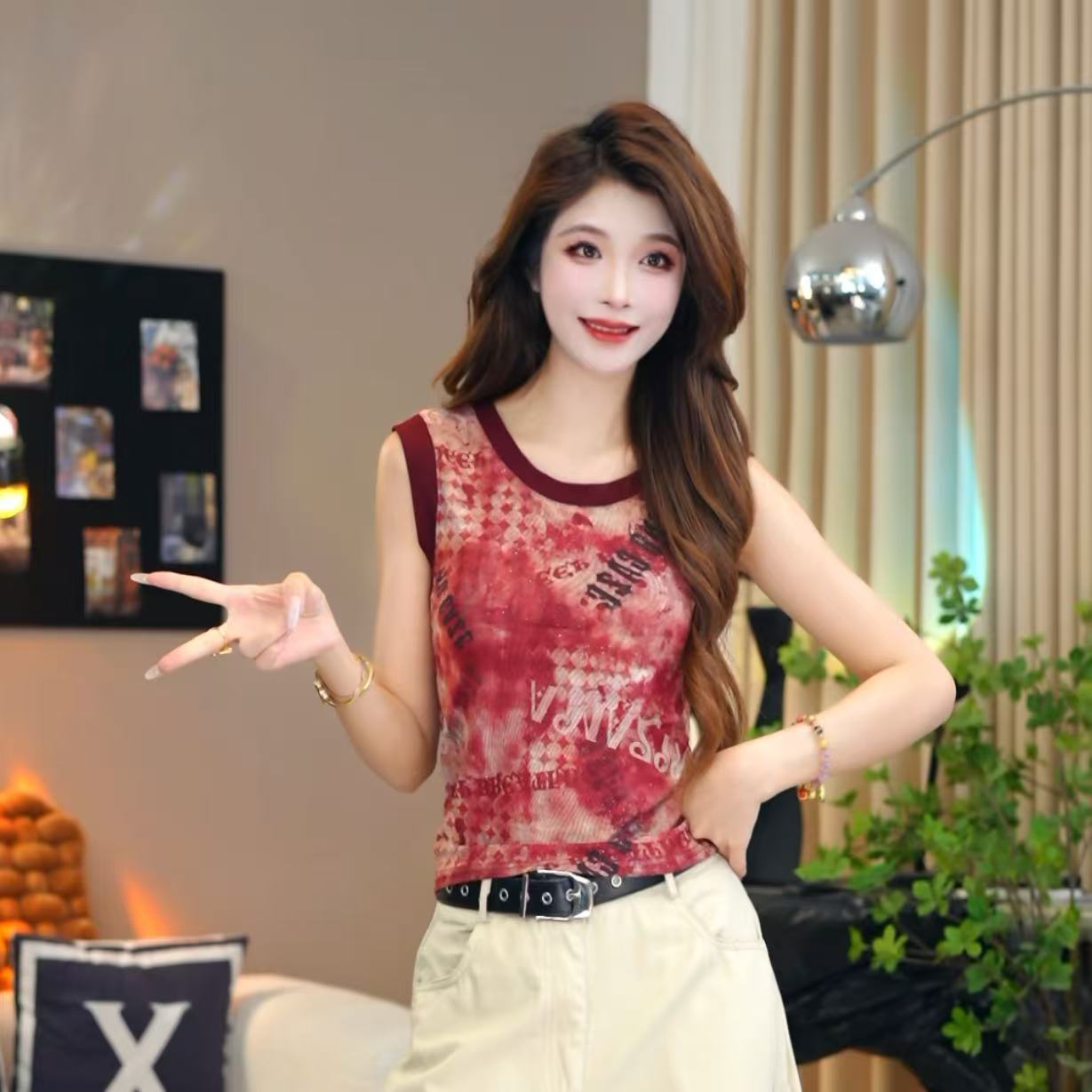 笑歌-圆领不规则扎染网纱无袖短款上衣T恤夏季外穿-显瘦百搭时尚