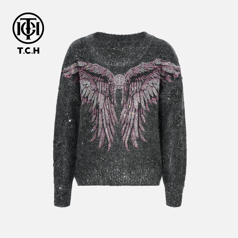TCH（含绵羊毛）秋冬烫钻慵懒淑女灰色针织衫T75D09E1056轻奢tch