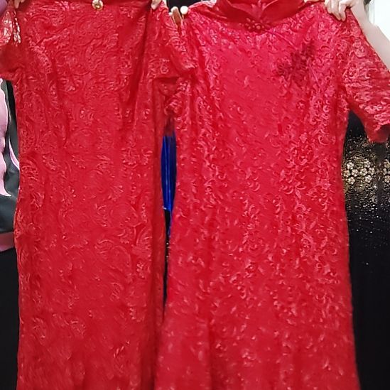 用***1亮酒红半袖品牌蕾丝长款改良旗袍鱼尾裙m码2XL