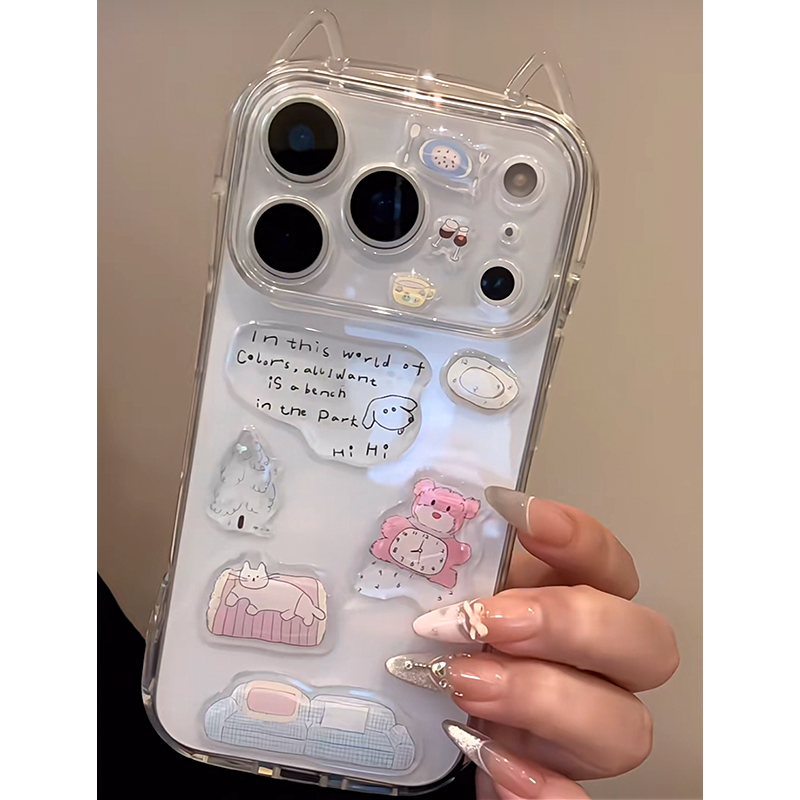 雅天立水晶小熊贴纸适用iPhone16苹果17PROMAX猫耳手机壳13新款15