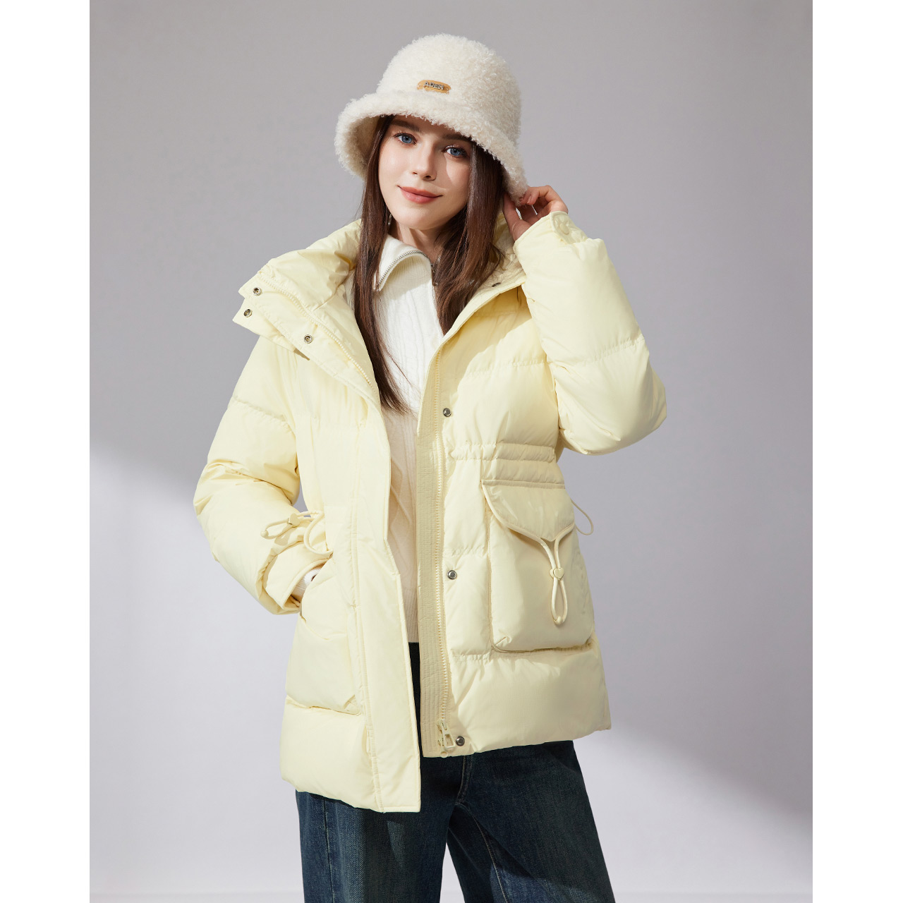 IEF/爱依服2025冬季新款韩版通勤风立领白鸭绒保暖羽绒中长款外套