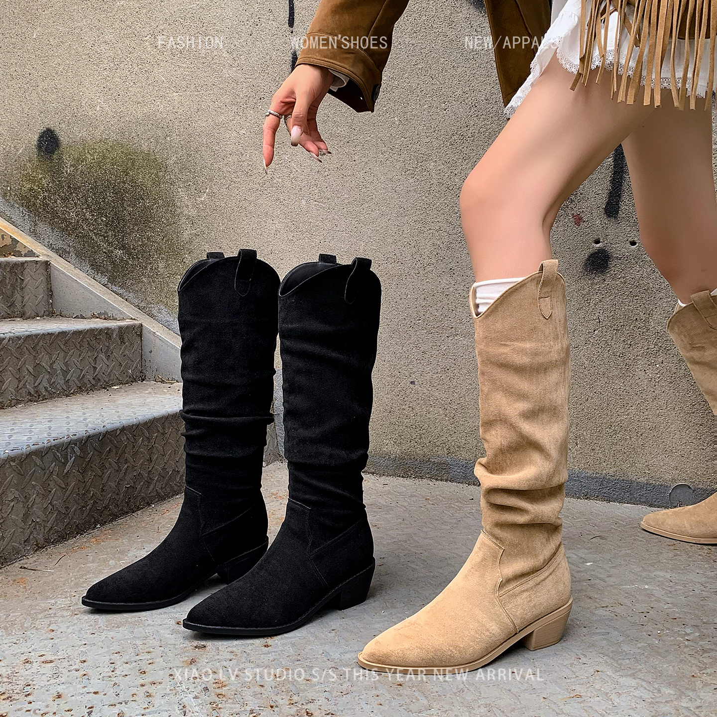 堆堆长靴女西部牛仔靴新款粗腿骑士靴胖mm长筒靴大筒围大码女靴子