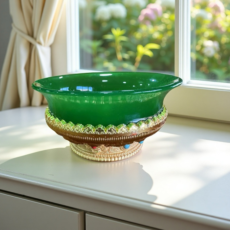 西藏古法仿玉碗合金八吉祥供奉摆件透明供水杯家居用品