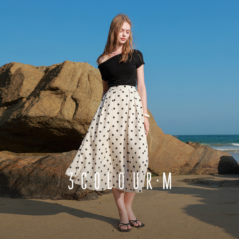 三彩2025夏季新款法式半身裙高腰松紧A字裙复古中长裙伞裙优雅M