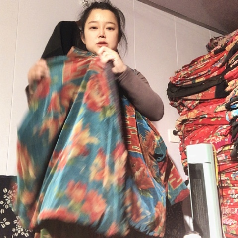 平绒斜襟棉袄蓝色