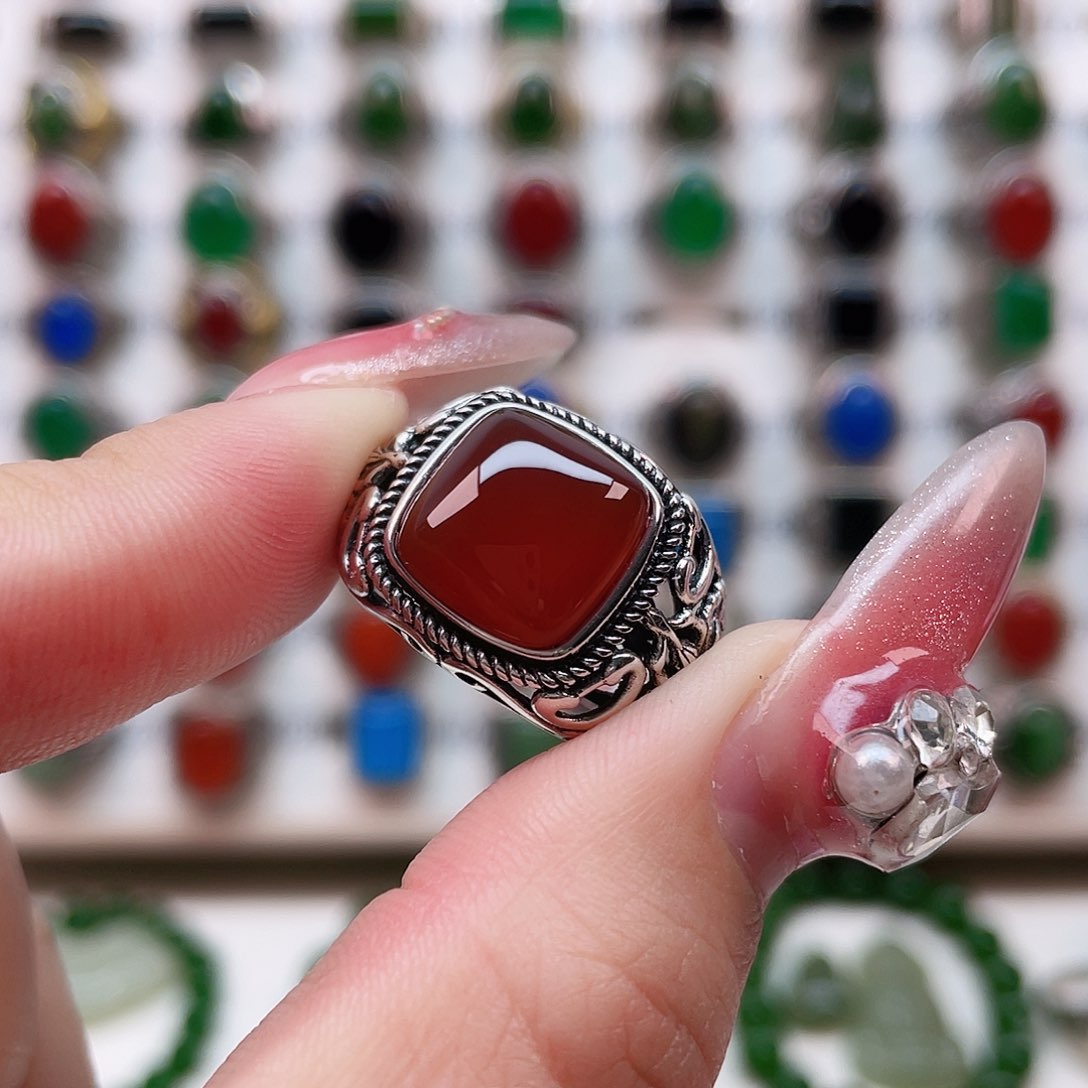 玛瑙/玉髓戒指银S925镶嵌