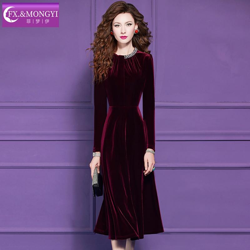 菲梦伊钉珠红色金丝绒冬季复古洋气收腰中长款礼服连衣裙女68307
