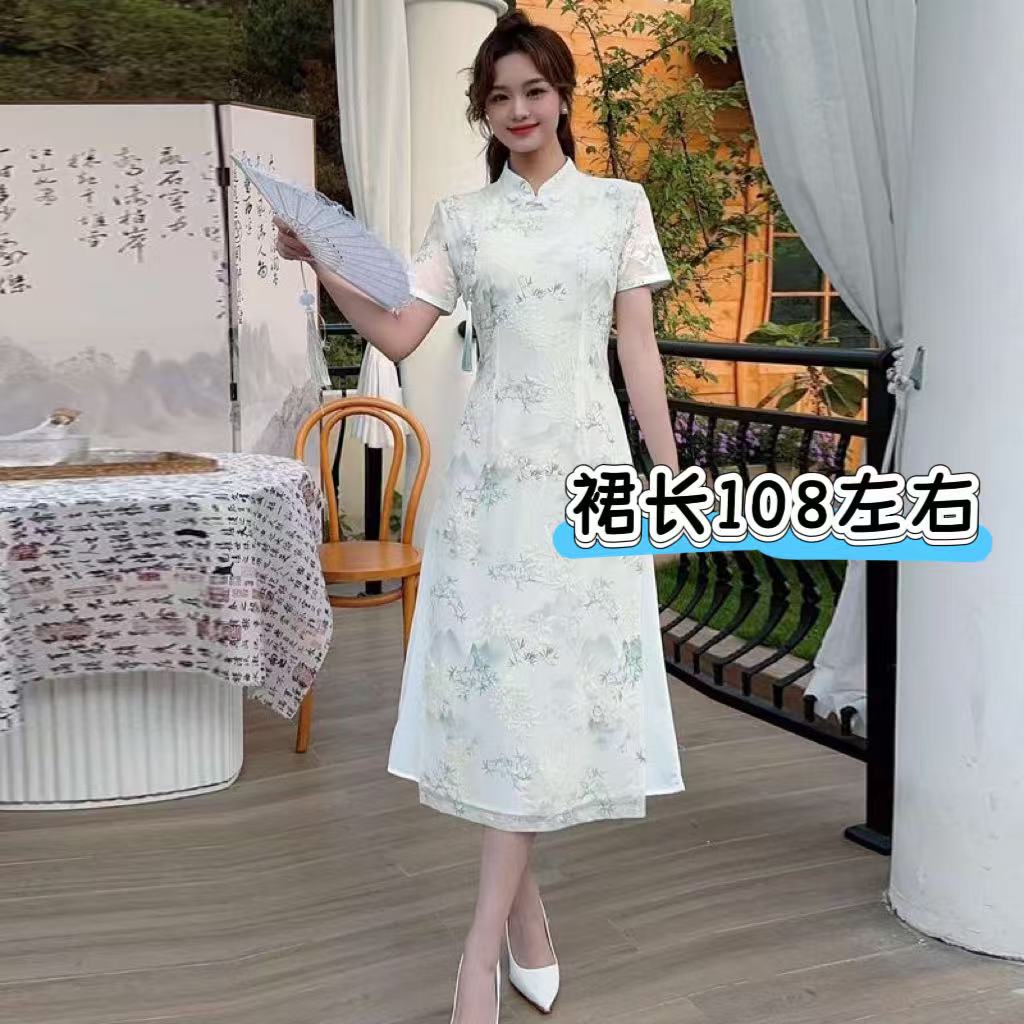  凤儿家-88363 新中式改良刺绣旗袍竹叶连衣裙