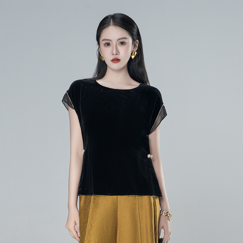 100真丝（茗昭）丝绒老钱风新中式气质时尚套头圆领上衣61299