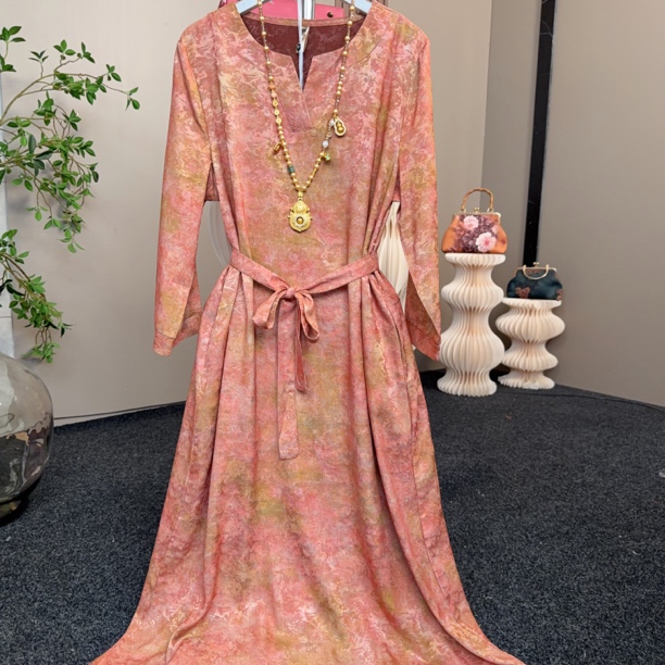 3501【橘粉】V领收腰直筒遮肚子连衣裙